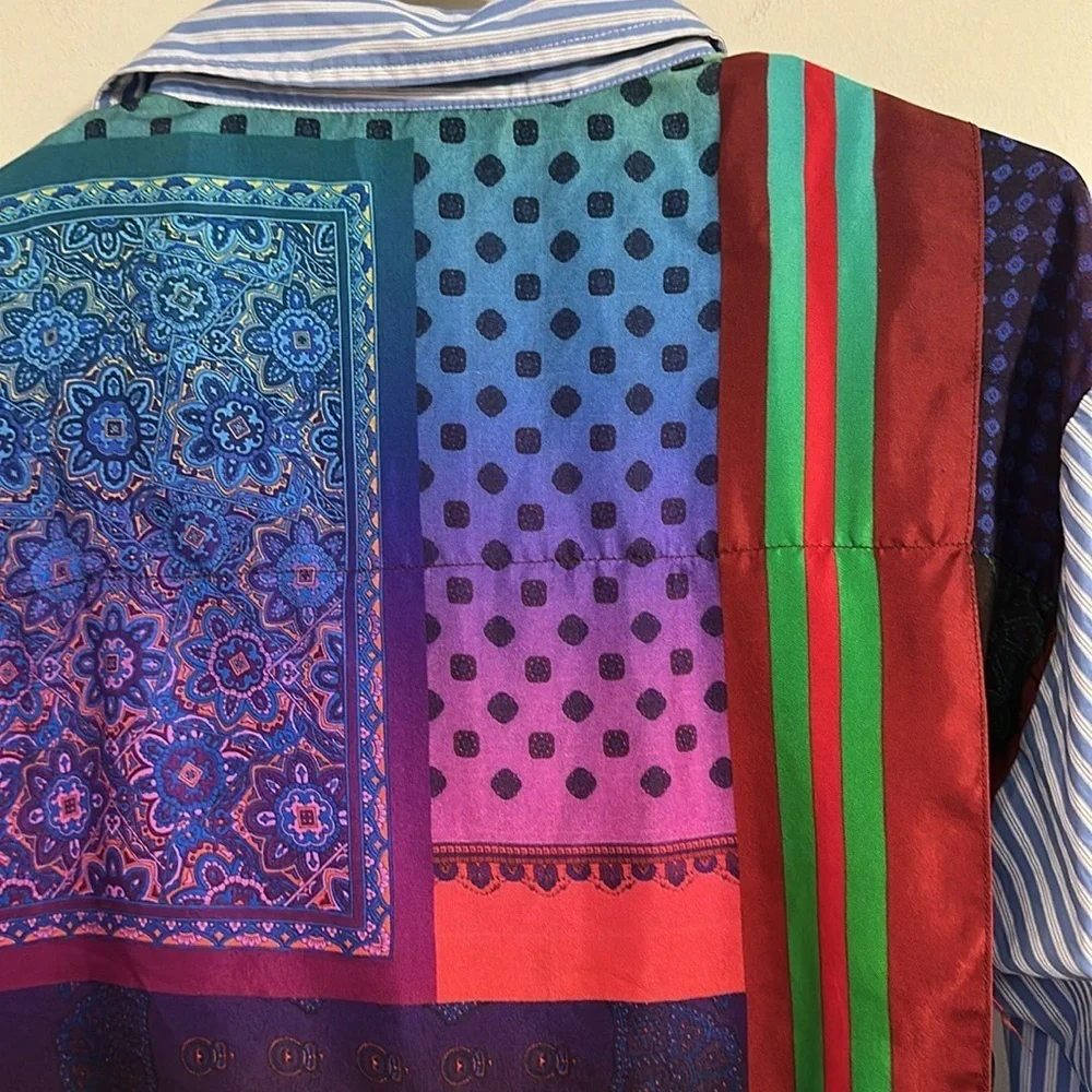 Pierre-Louis Mascia blue stripe cotton silk scarf paisley button down shirt XS